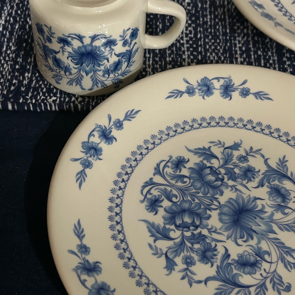 Gorgeous floral luncheon plates and cups in blue. Portuguese dining and tea ware